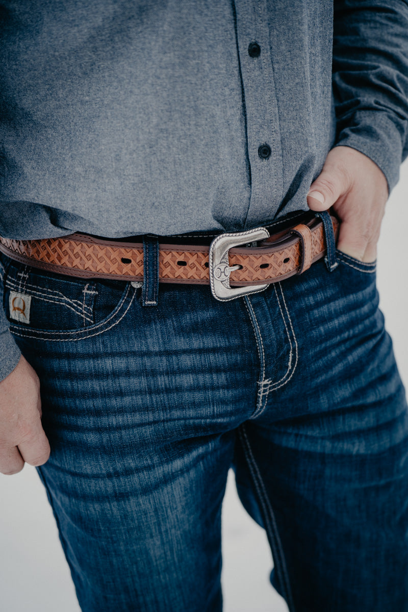 'Hands-Up' Basket Weave Hooey Embossed Natural Leather belt by Hooey (32-44)