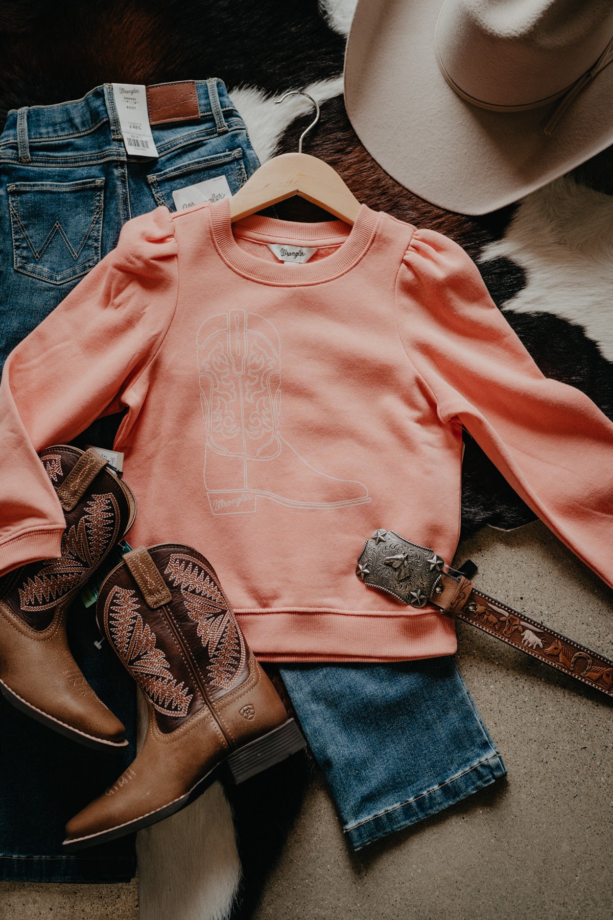 'Cowgirl Boots' Girl's Wrangler Rusty Pink Puff Sleeve Crewneck Sweater