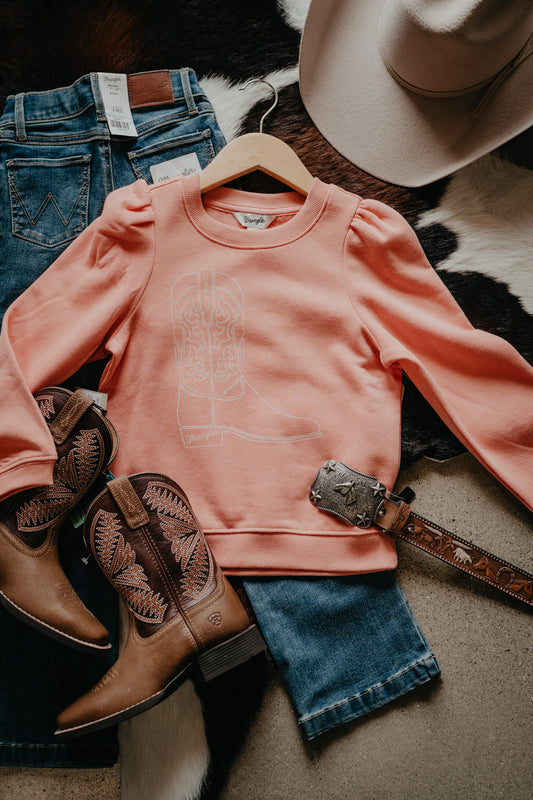 'Cowgirl Boots' Girl's Wrangler Rusty Pink Puff Sleeve Crewneck Sweater