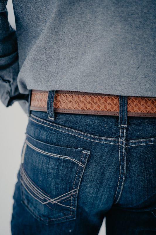 'Hands-Up' Basket Weave Hooey Embossed Natural Leather belt by Hooey (32-44)