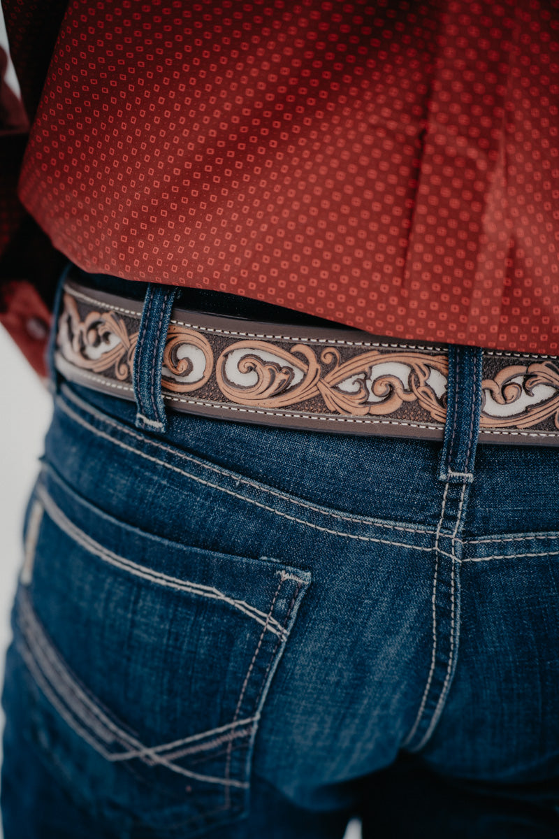 'Cheatam' Roughy Tapered Hand-Tooled Filigree Belt with Ivory Inlay Cutouts by Hooey (32-44)