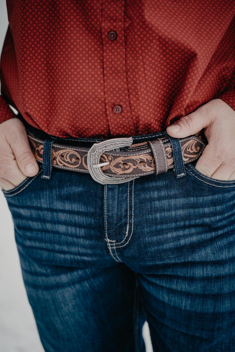 'Cheatam' Roughy Tapered Hand-Tooled Filigree Belt with Ivory Inlay Cutouts by Hooey (32-44)
