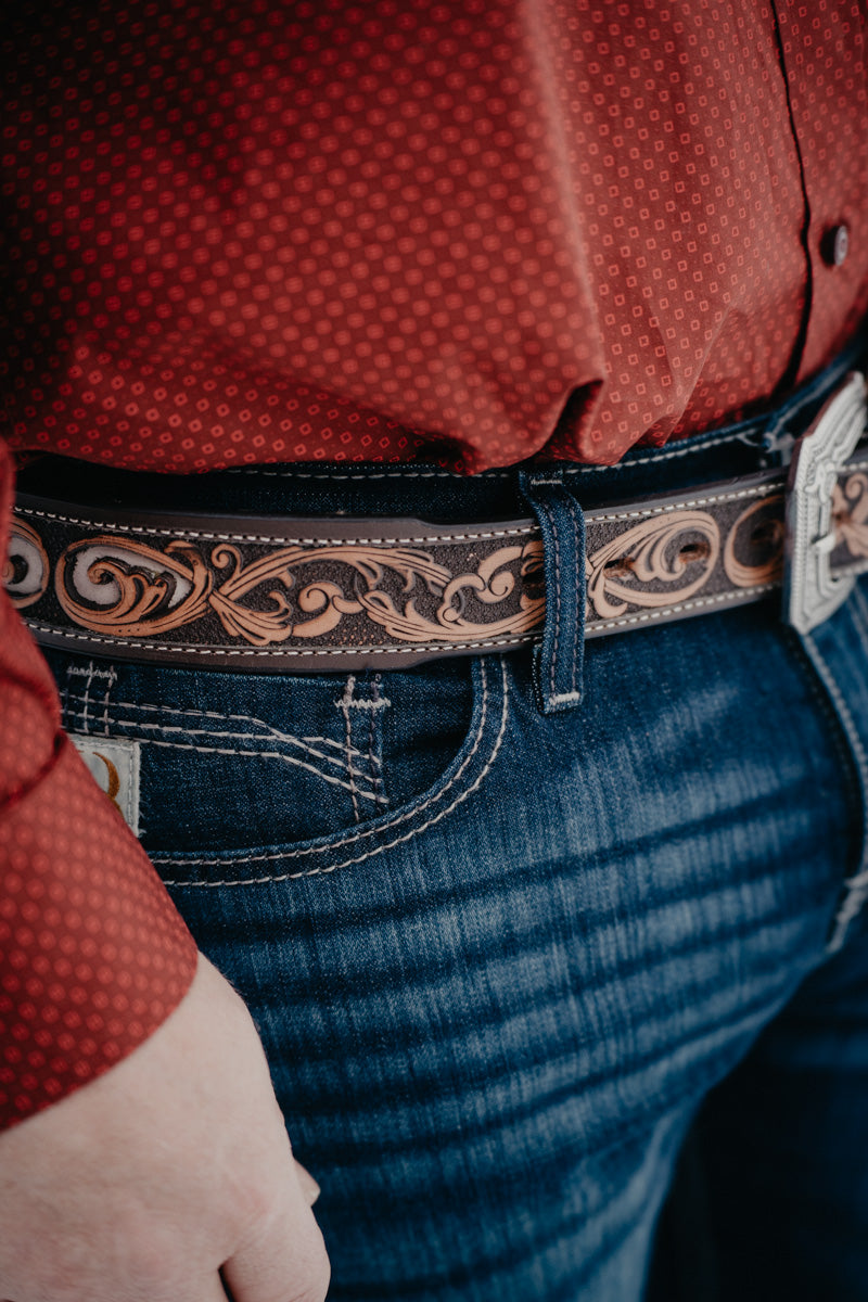 'Cheatam' Roughy Tapered Hand-Tooled Filigree Belt with Ivory Inlay Cutouts by Hooey (32-44)