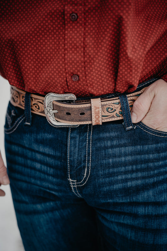 'Top Notch' Tapered Natural Hand-Tooled Leather Belt with Turquoise Inlay (32-44)