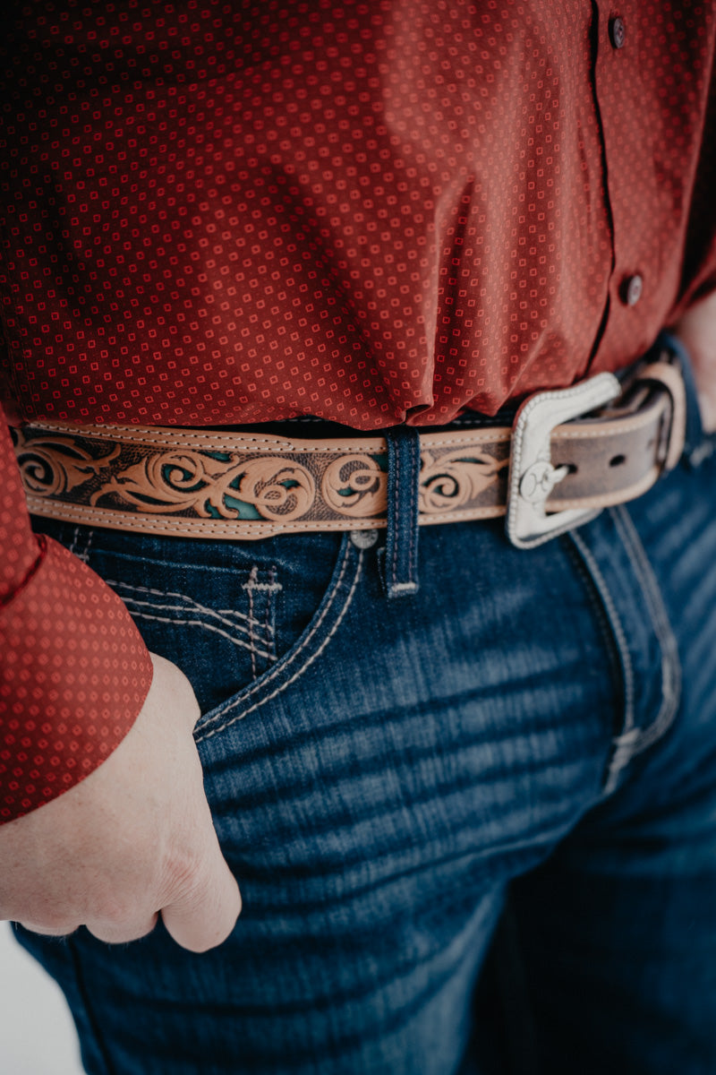 'Top Notch' Tapered Natural Hand-Tooled Leather Belt with Turquoise Inlay (32-44)