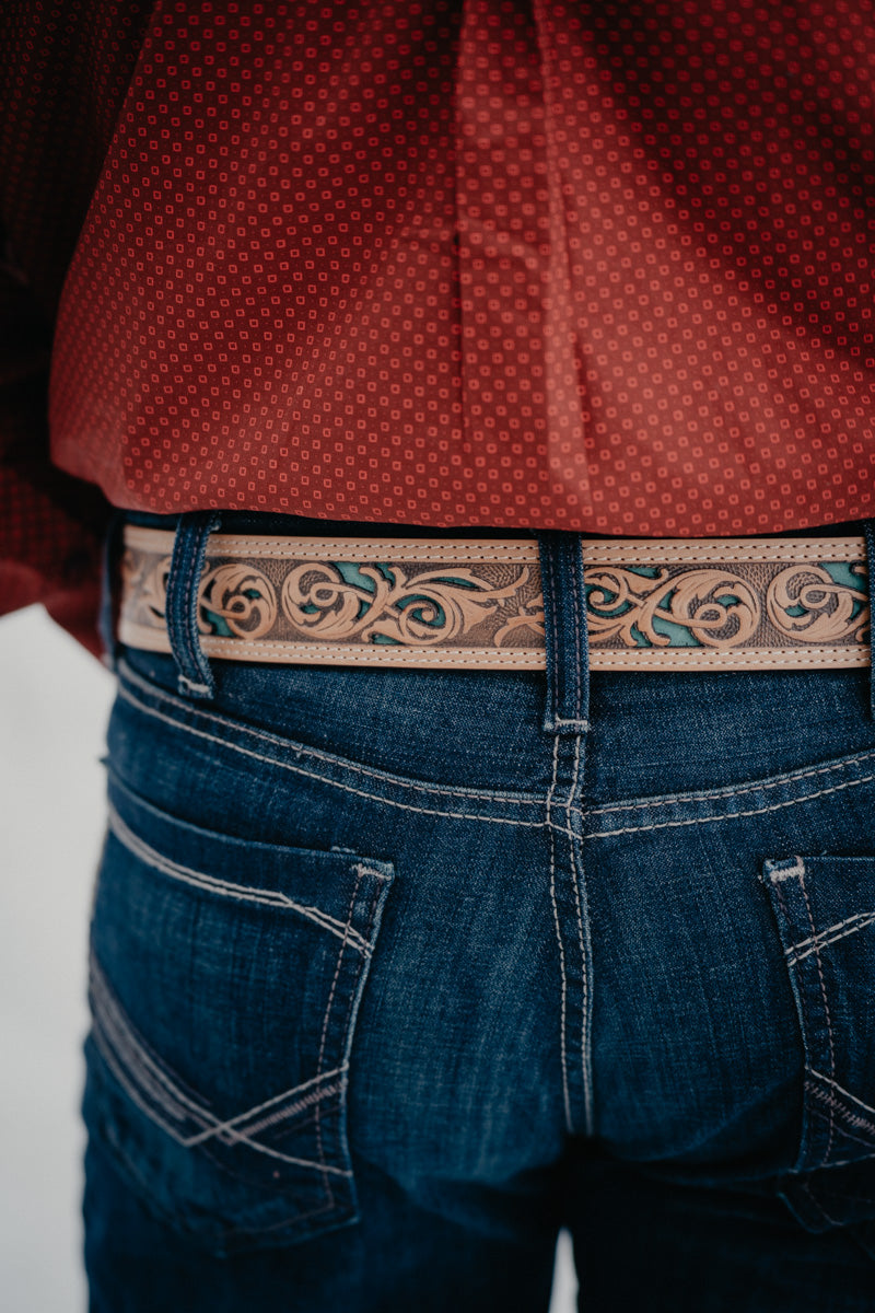 'Top Notch' Tapered Natural Hand-Tooled Leather Belt with Turquoise Inlay (32-44)