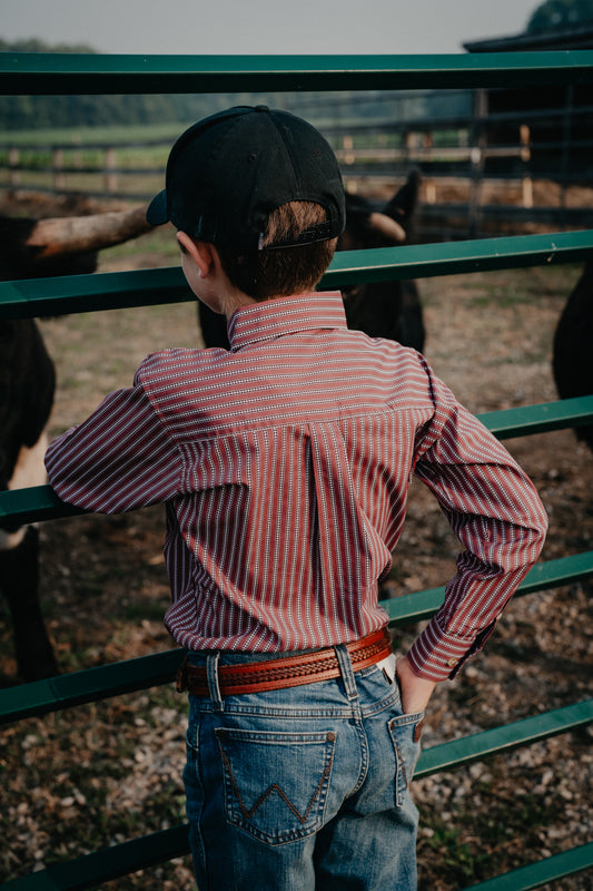 'Red Ridge Jr' Boy's Red Rust Striped Button Down by Wrangler