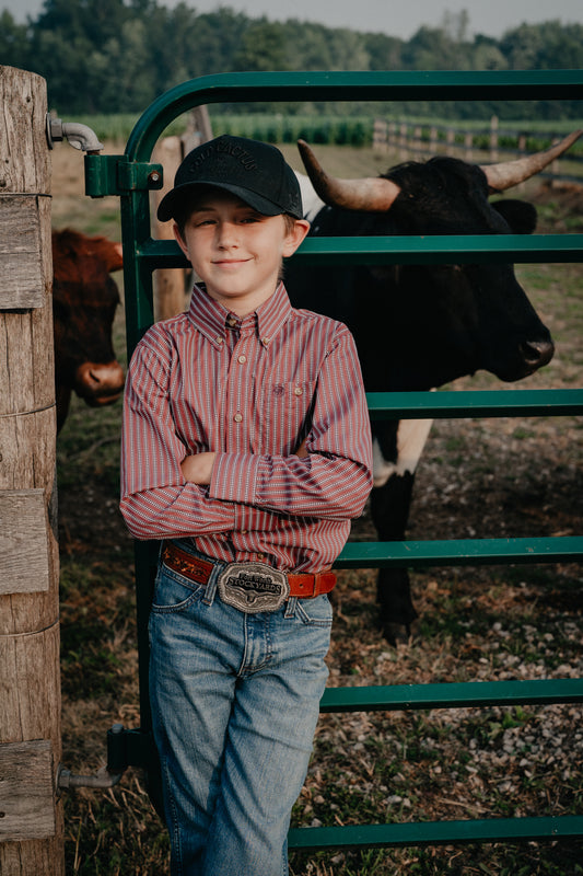 'Red Ridge Jr' Boy's Red Rust Striped Button Down by Wrangler