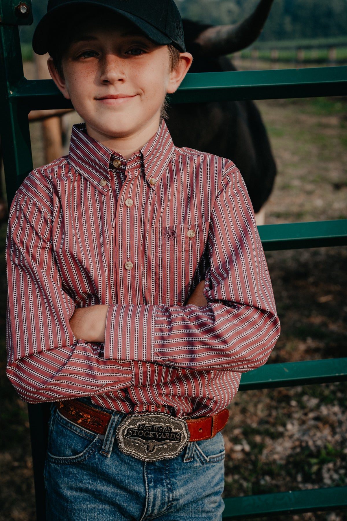 'Red Ridge Jr' Boy's Red Rust Striped Button Down by Wrangler