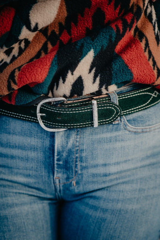 Green Suede Belt with White Figure 8 Stitching  by Double J Saddlery