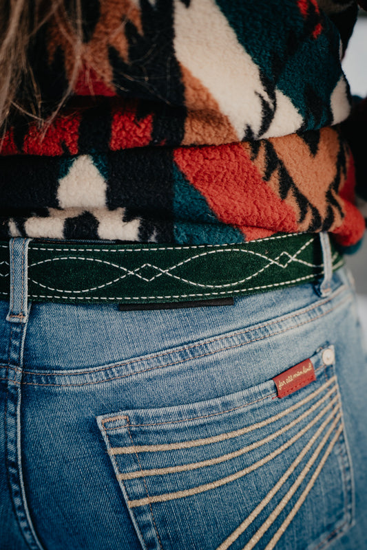 Green Suede Belt with White Figure 8 Stitching  by Double J Saddlery
