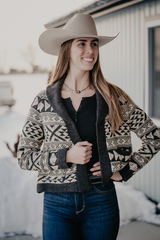 'Violet' Women's Cropped Grey/Ivory Aztec Cardigan by Stetson (XS-XL)