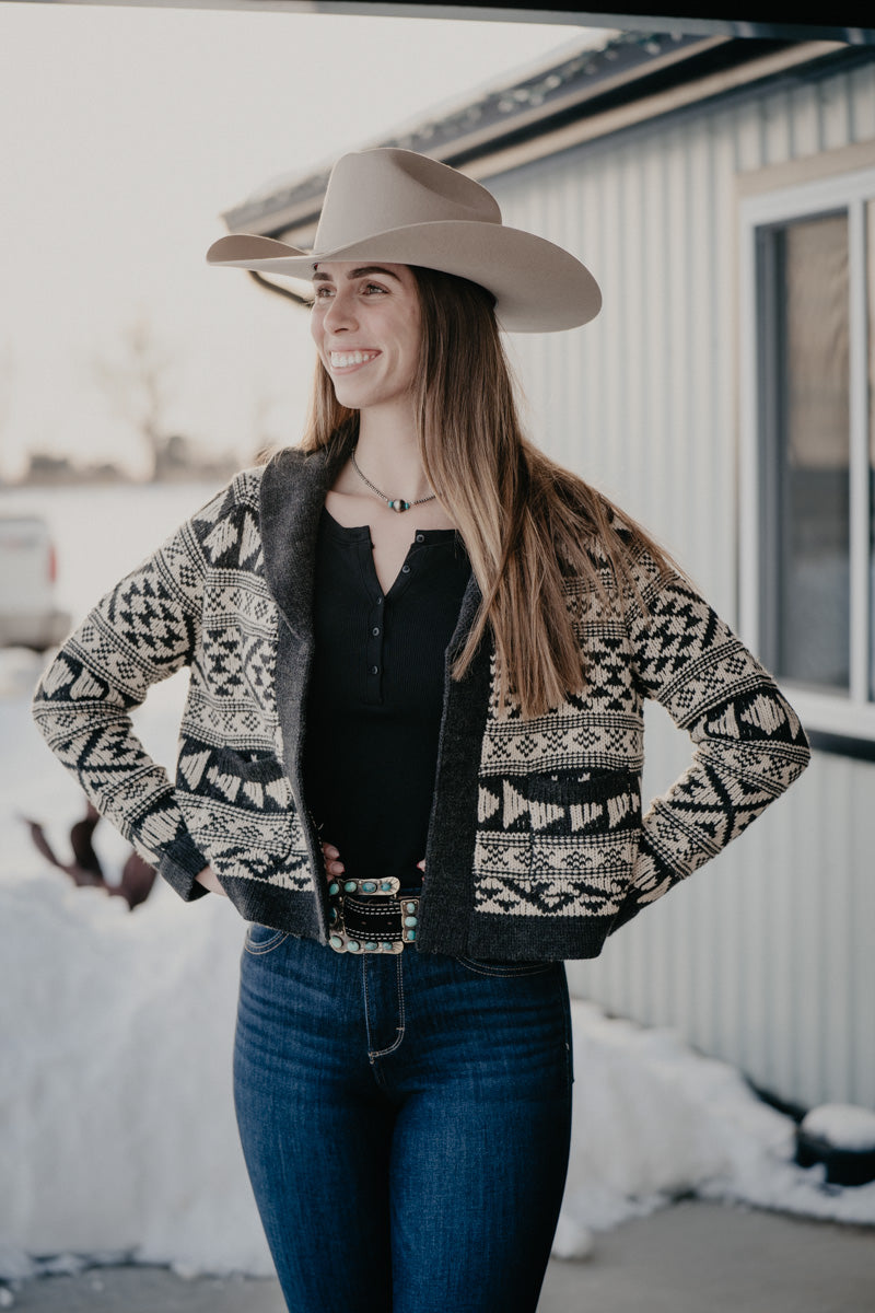 'Violet' Women's Cropped Grey/Ivory Aztec Cardigan by Stetson (XS-XL)
