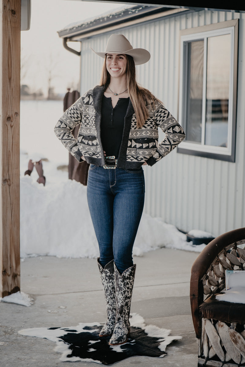 'Violet' Women's Cropped Grey/Ivory Aztec Cardigan by Stetson (XS-XL)