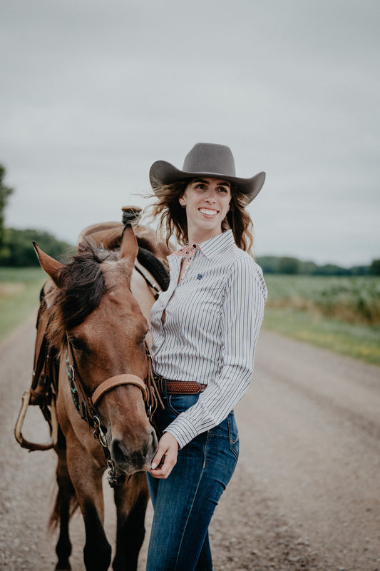 'Jacey' Women's Long Sleeve Button Up White Stripe (XS-XXL)