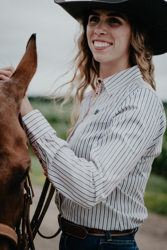 'Jacey' Women's Long Sleeve Button Up White Stripe (XS-XXL)