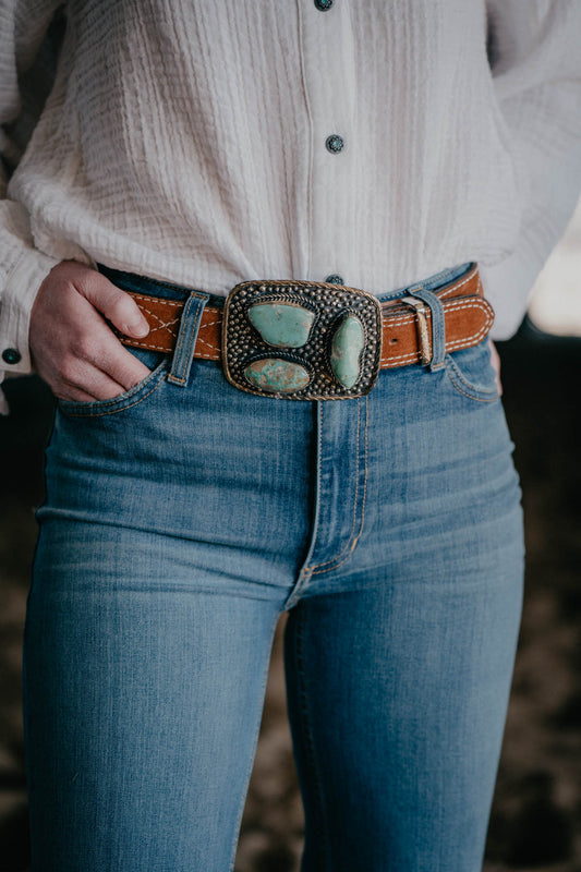 Rectangular German Silver Dot Buckle with 3 Turquoise Slab Stones by Paige Wallace