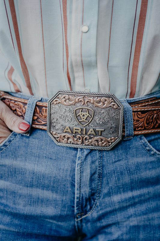 Rectangle Tooled Buckle with Raised Ariat Logo