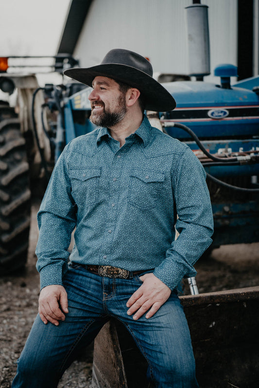 Men's Wrangler Retro Blue Floral Print Pearl Snap Shirt (1 S ONLY)