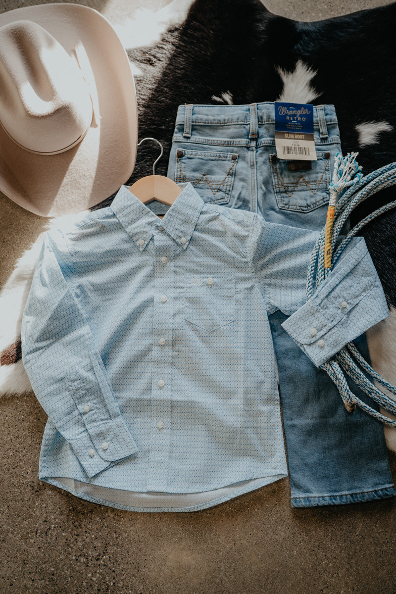 'Waylon JR' Boys Wrangler Bright Blue/White Geometric Button Down Shirt (XXS-XXL)