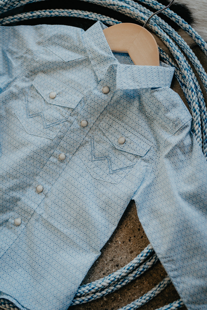 'Baby Waylon' Baby Boy Wrangler Bright Blue/White Geometric Button Down Shirt  (0-3M-24M)