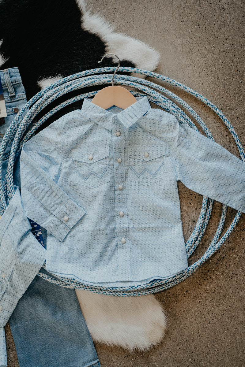 'Baby Waylon' Baby Boy Wrangler Bright Blue/White Geometric Button Down Shirt  (0-3M-24M)