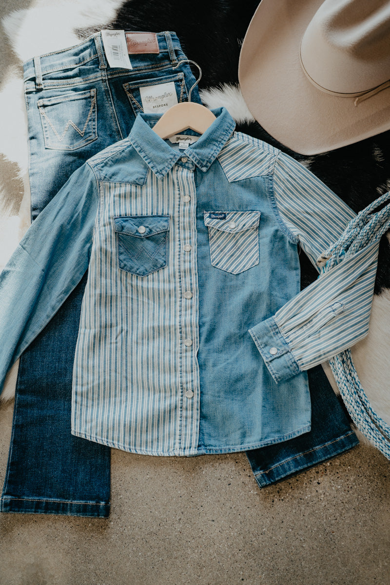 'Darbi' Wrangler Girl's Stripled Patchwork Long Sleeve Denim Snap Shirt (XS-XL)