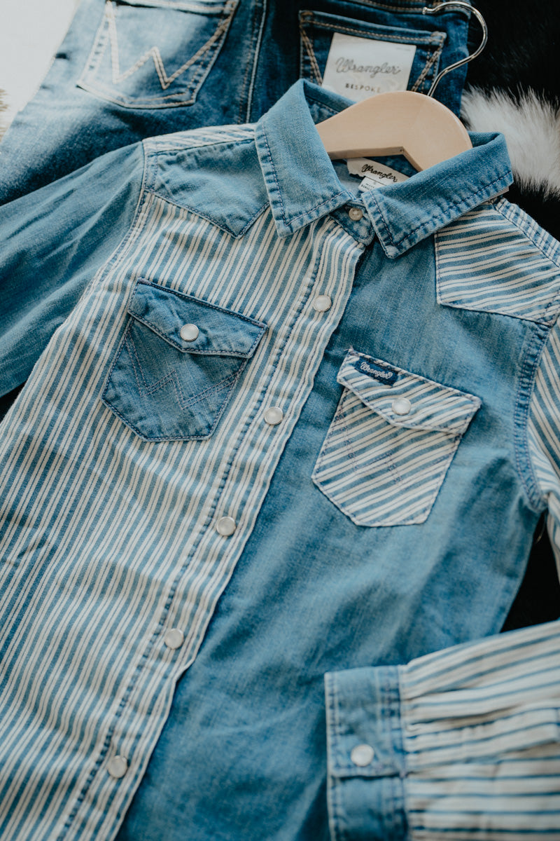 'Darbi' Wrangler Girl's Stripled Patchwork Long Sleeve Denim Snap Shirt (XS-XL)