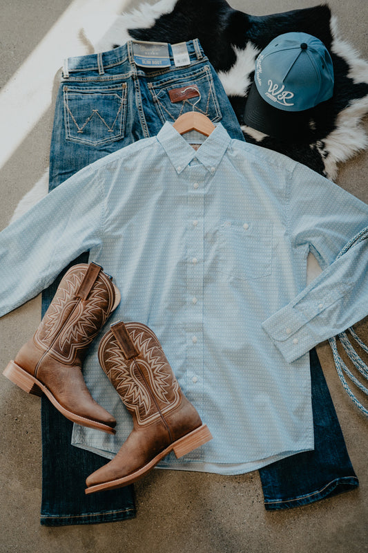 'Waylon' Men's Wrangler Bright Blue/White Geometric Button Down Shirt (S-XXL)