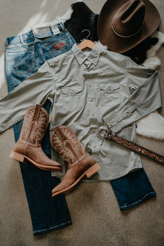 'Gavin' Men's Wrangler 20X Green/Grey Geometric Pearl Snap Shirt (S-XXL)