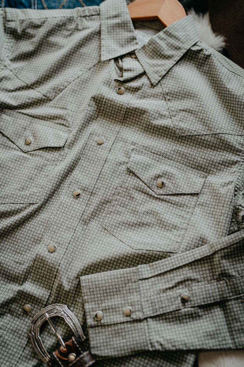 'Gavin' Men's Wrangler 20X Green/Grey Geometric Pearl Snap Shirt (S-XXL)