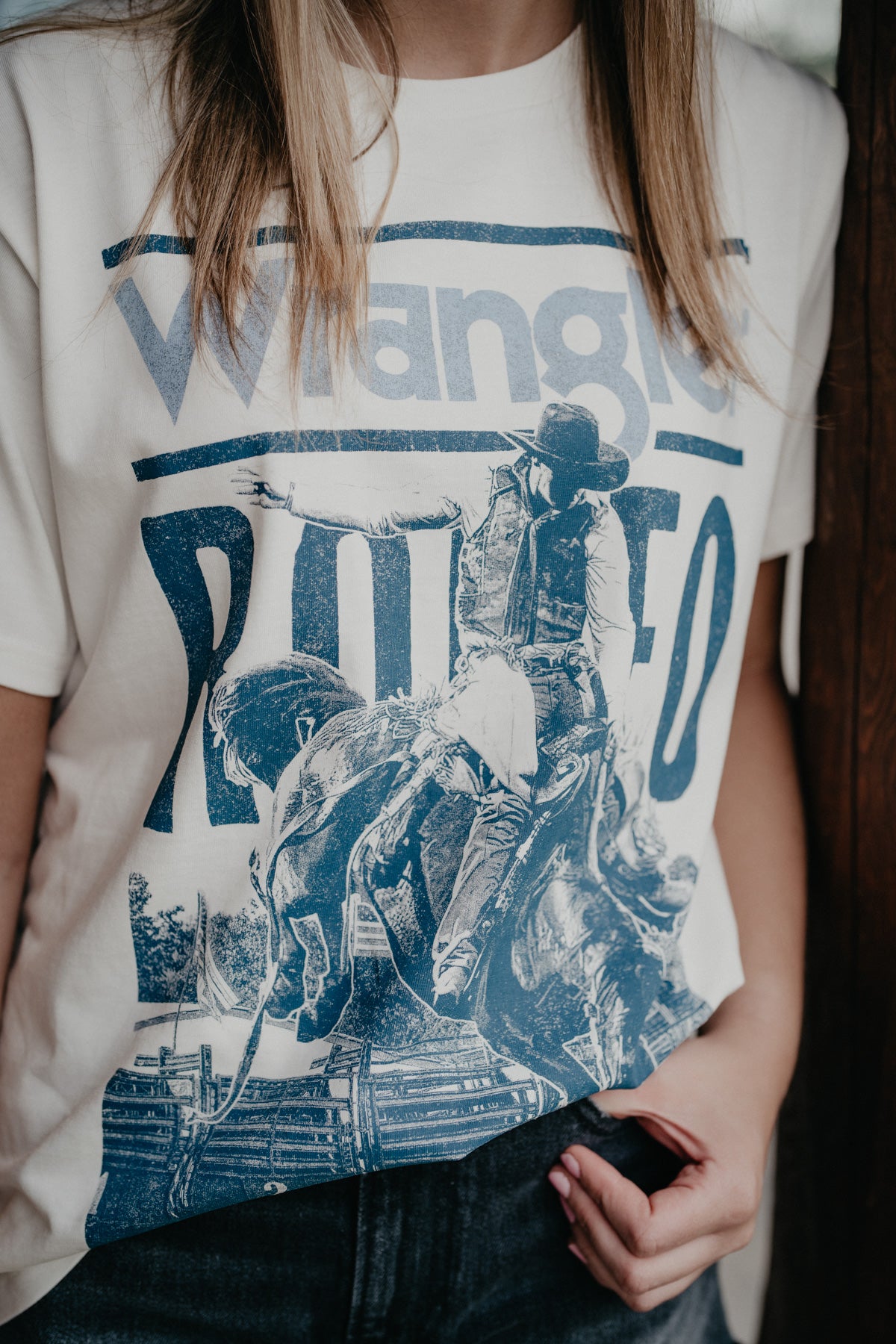 'Rodeo Blues' Womans Wrangler White/Blue Tshirt