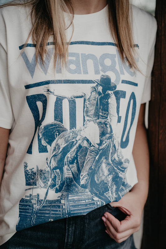 'Rodeo Blues' Womans Wrangler White/Blue Tshirt