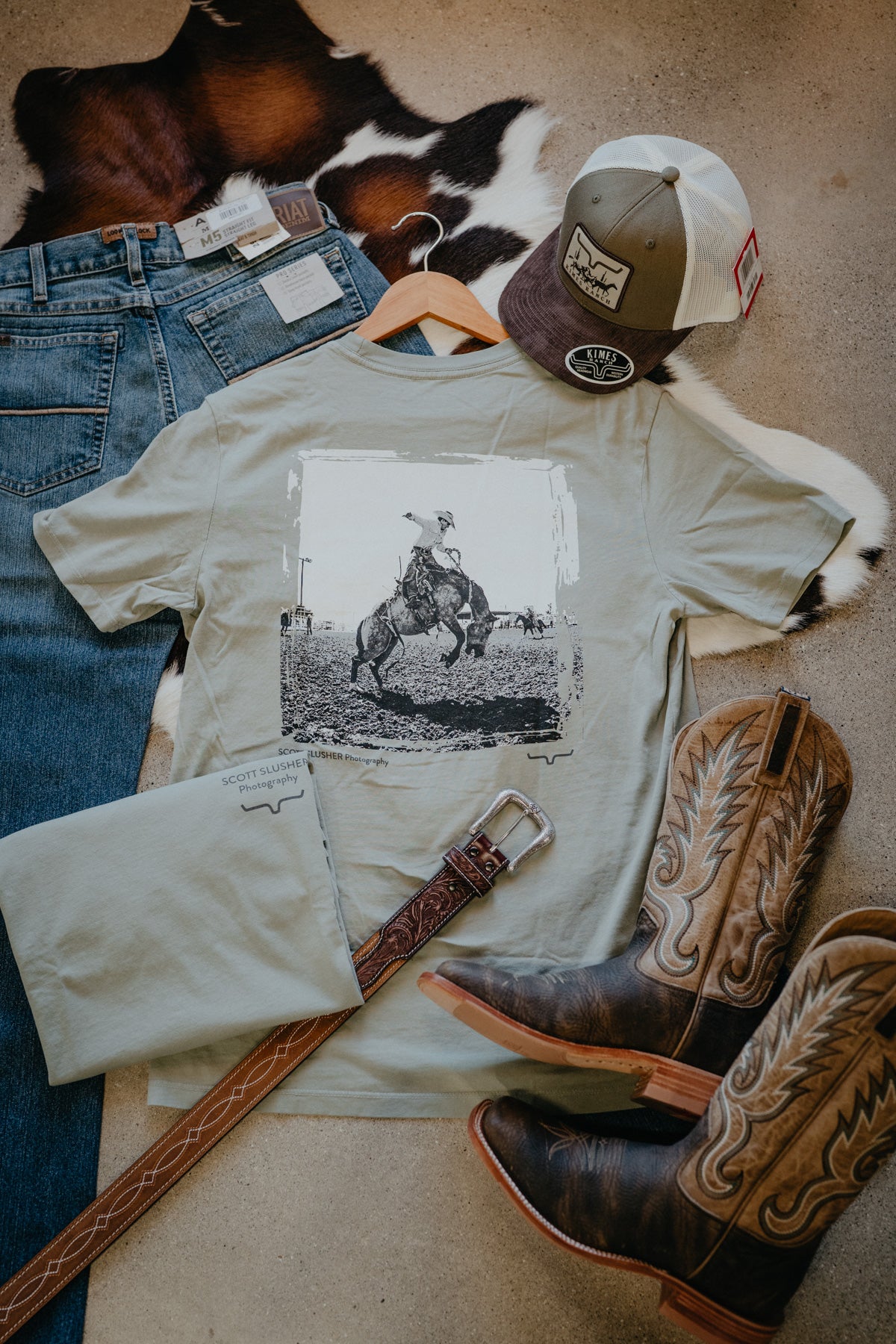 'Bronc - S.S Photography' Men's Sage Green T-Shirt by Kimes Ranch