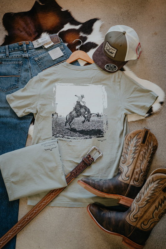 'Bronc - S.S Photography' Men's Sage Green T-Shirt by Kimes Ranch