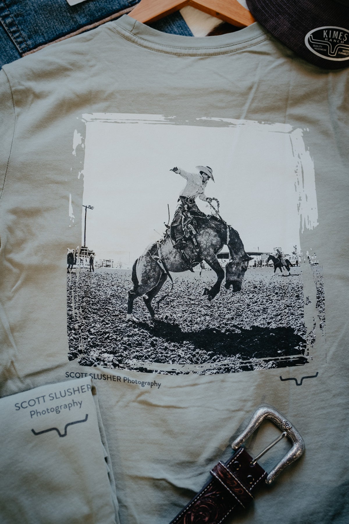 'Bronc - S.S Photography' Men's Sage Green T-Shirt by Kimes Ranch