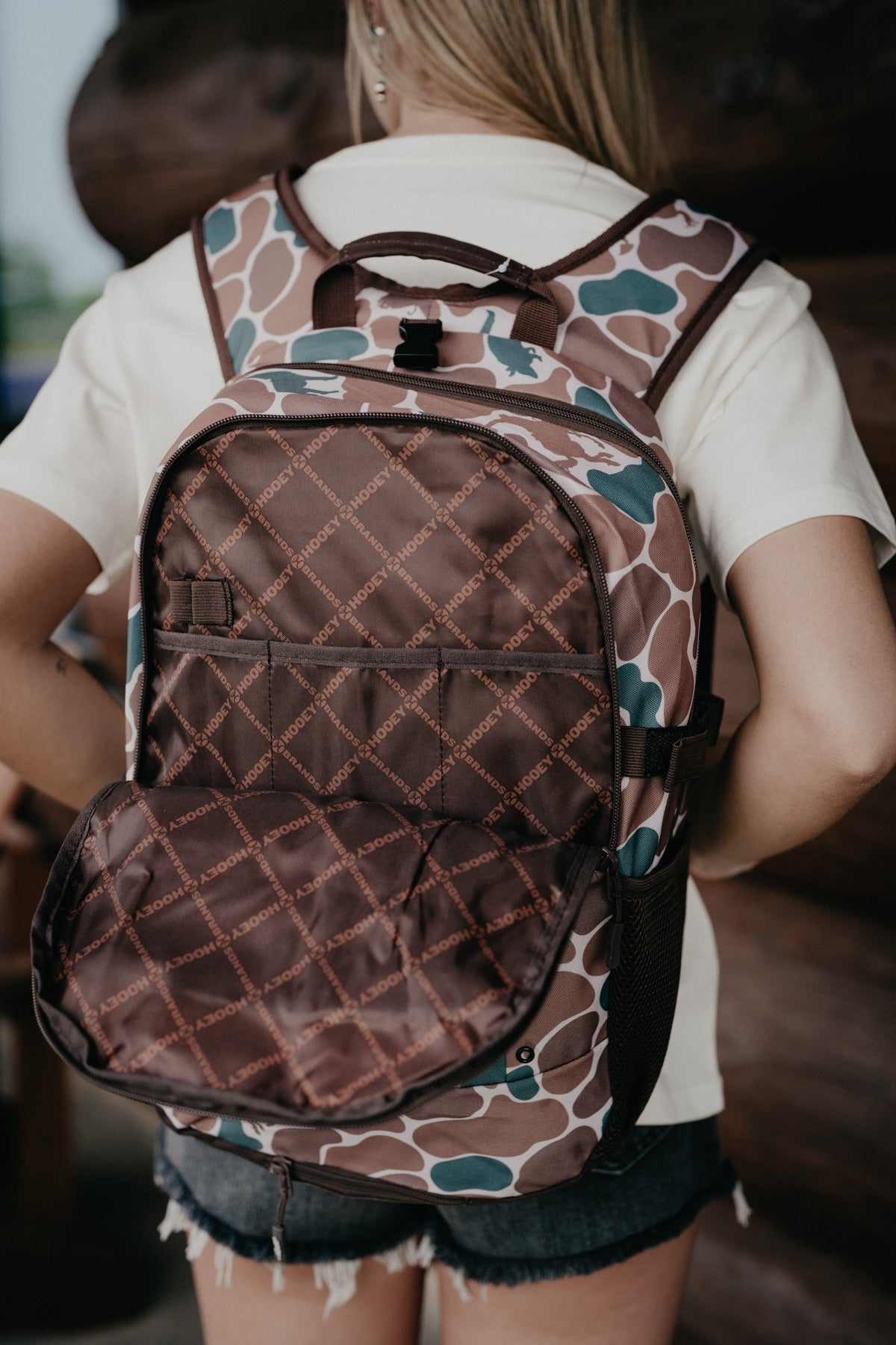 Rockstar Hooey Backpack Brown / Green Camo Pattern with Brown Accents