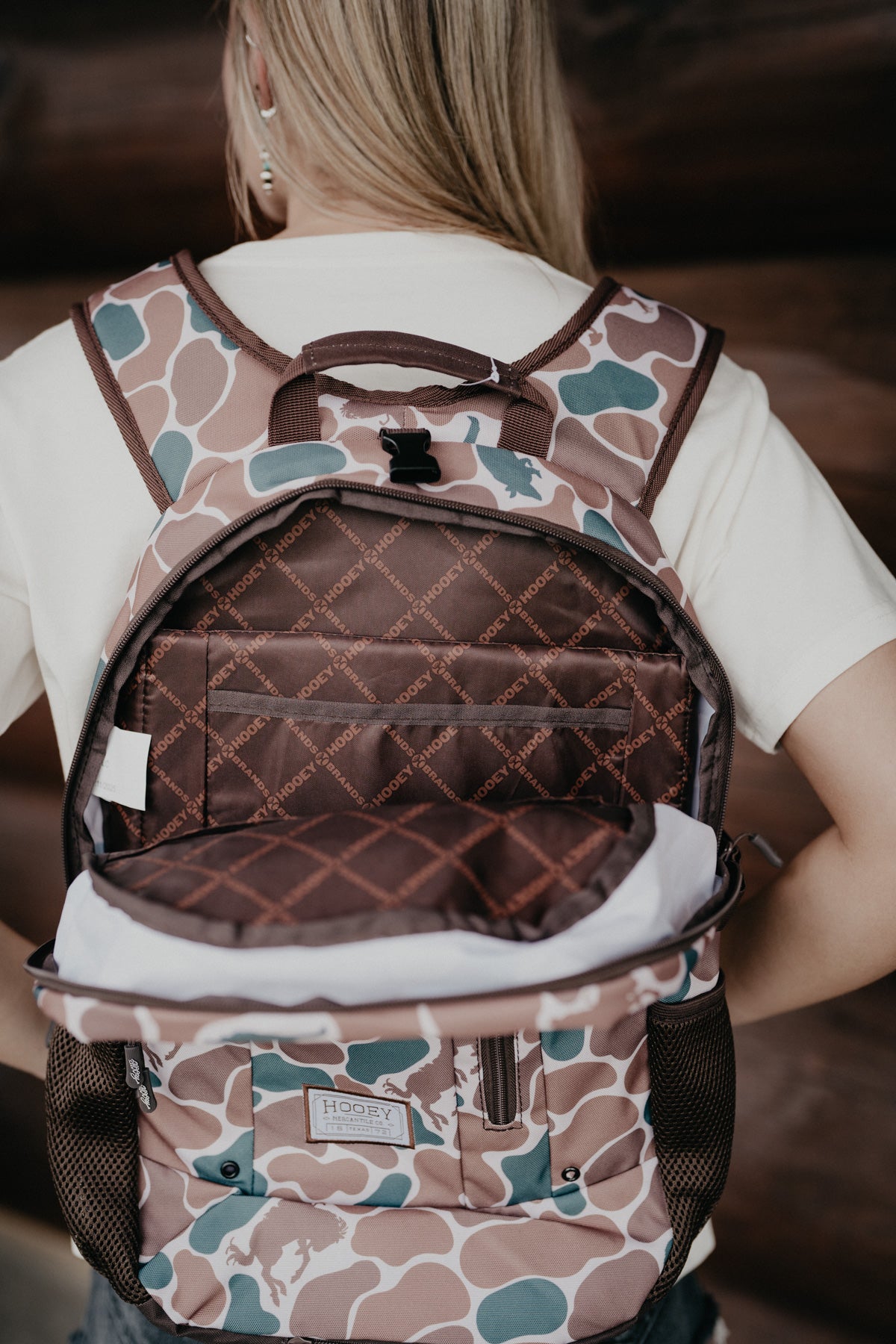 Rockstar Hooey Backpack Brown / Green Camo Pattern with Brown Accents