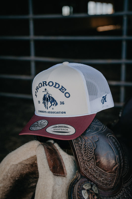 Tan/White 5-Panel Trucker Hat with Blue Logo by Hooey
