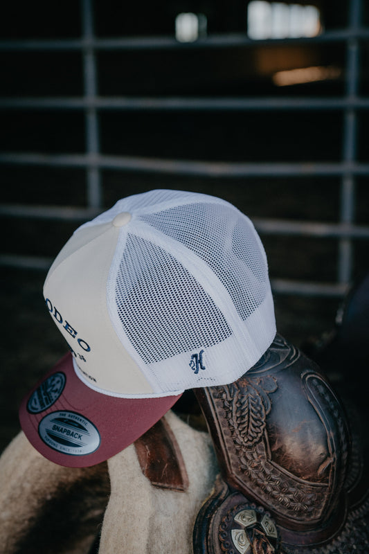 Tan/White 5-Panel Trucker Hat with Blue Logo by Hooey