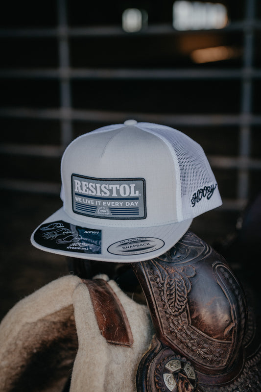 'Resistol' Grey/White 5-Panel Trucker Hat with Black/Blue/White Rectangle Patch By Hooey