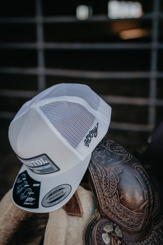 'Resistol' Grey/White 5-Panel Trucker Hat with Black/Blue/White Rectangle Patch By Hooey