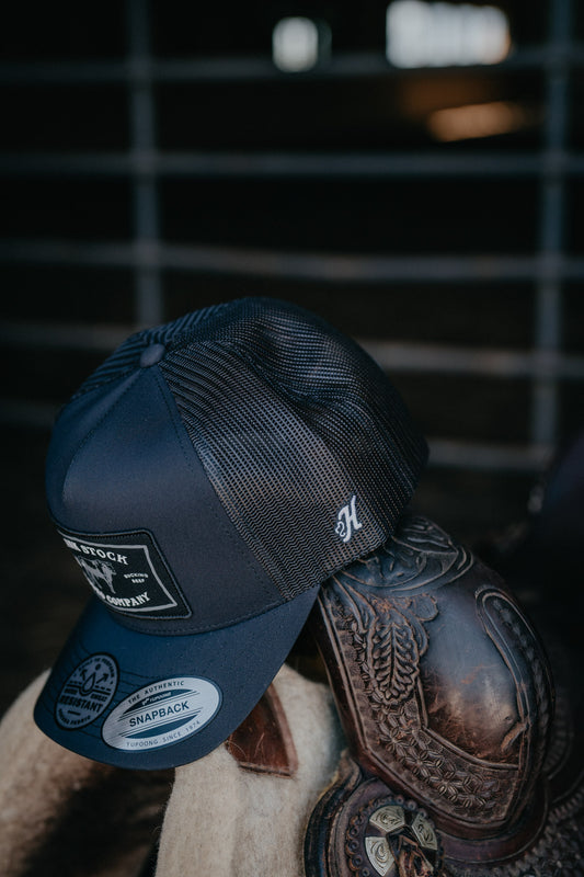 'R.S' Black 5-Panel Trucker Hat with White/Black Rectangle Patch By Hooey