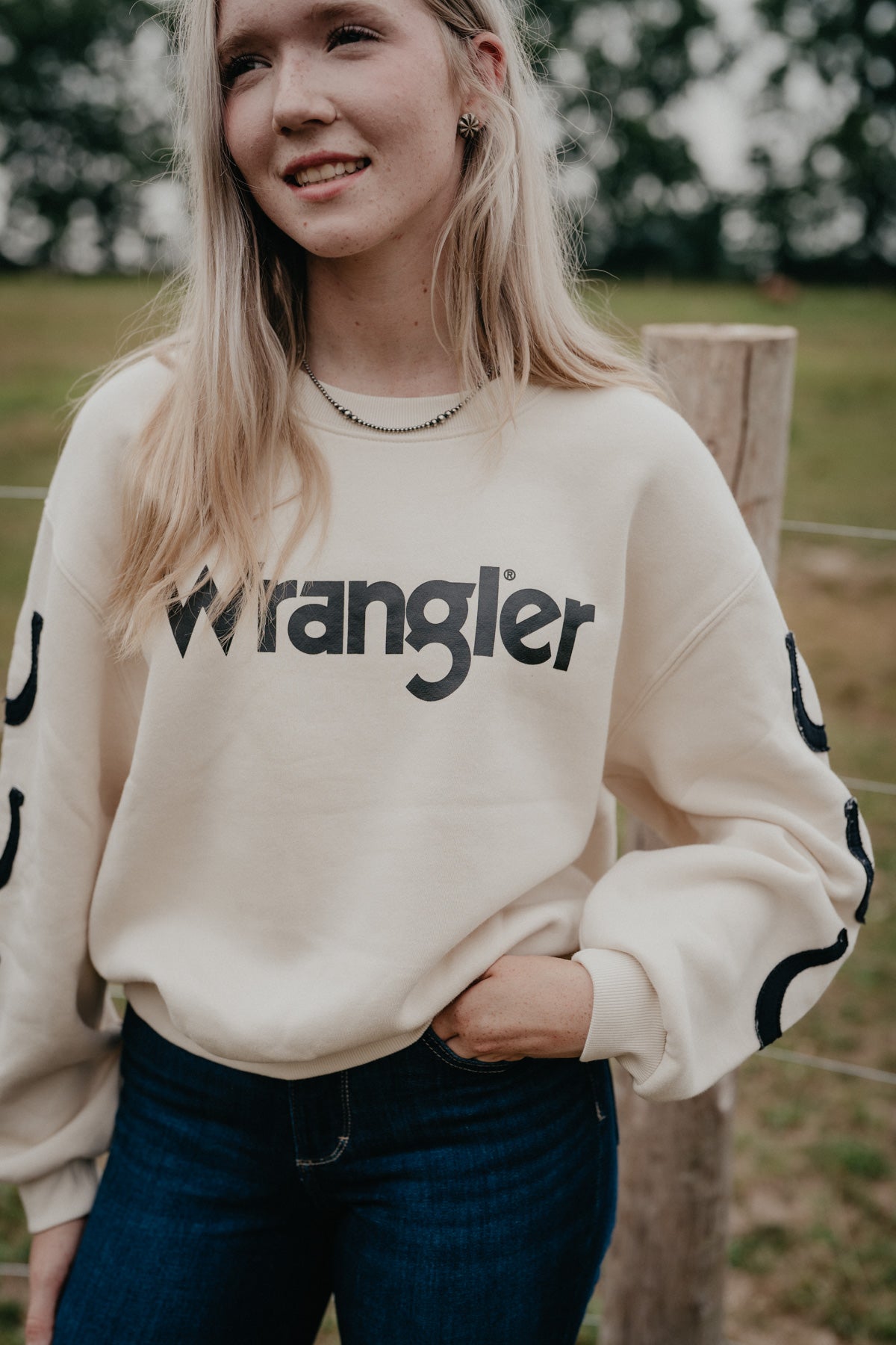 'Horseshoe Honey' Women's Wrangler Ivory Crewneck