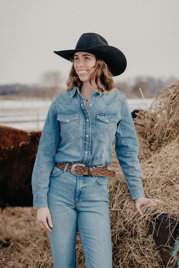 'Harley' Wrangler Women's Vintage Fit Denim Pearl Snap Shirt (XS - XXL)