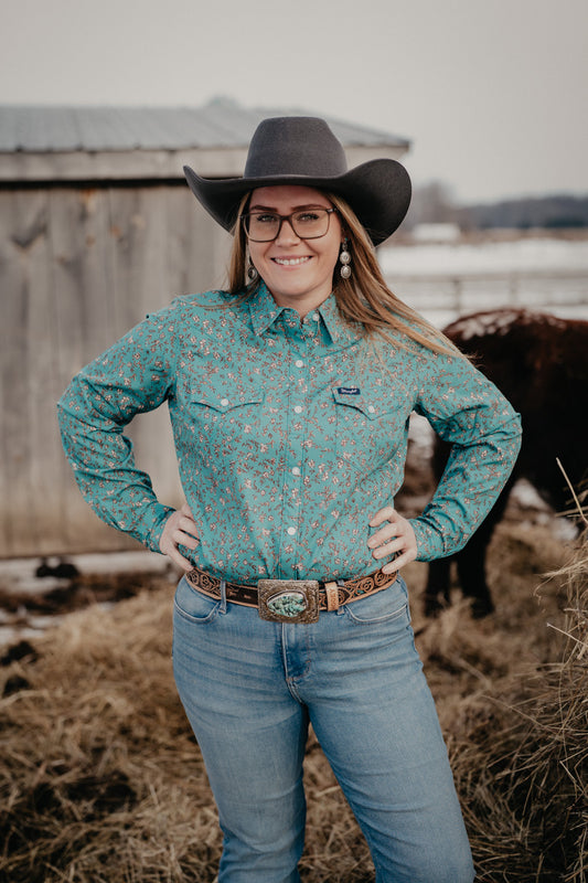 'Flora' Women's Wrangler Teal Floral Performance Button Up (XS - XXL)