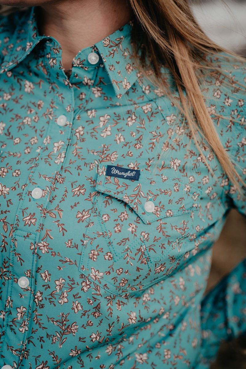 'Flora' Women's Wrangler Teal Floral Performance Button Up (XS - XXL)