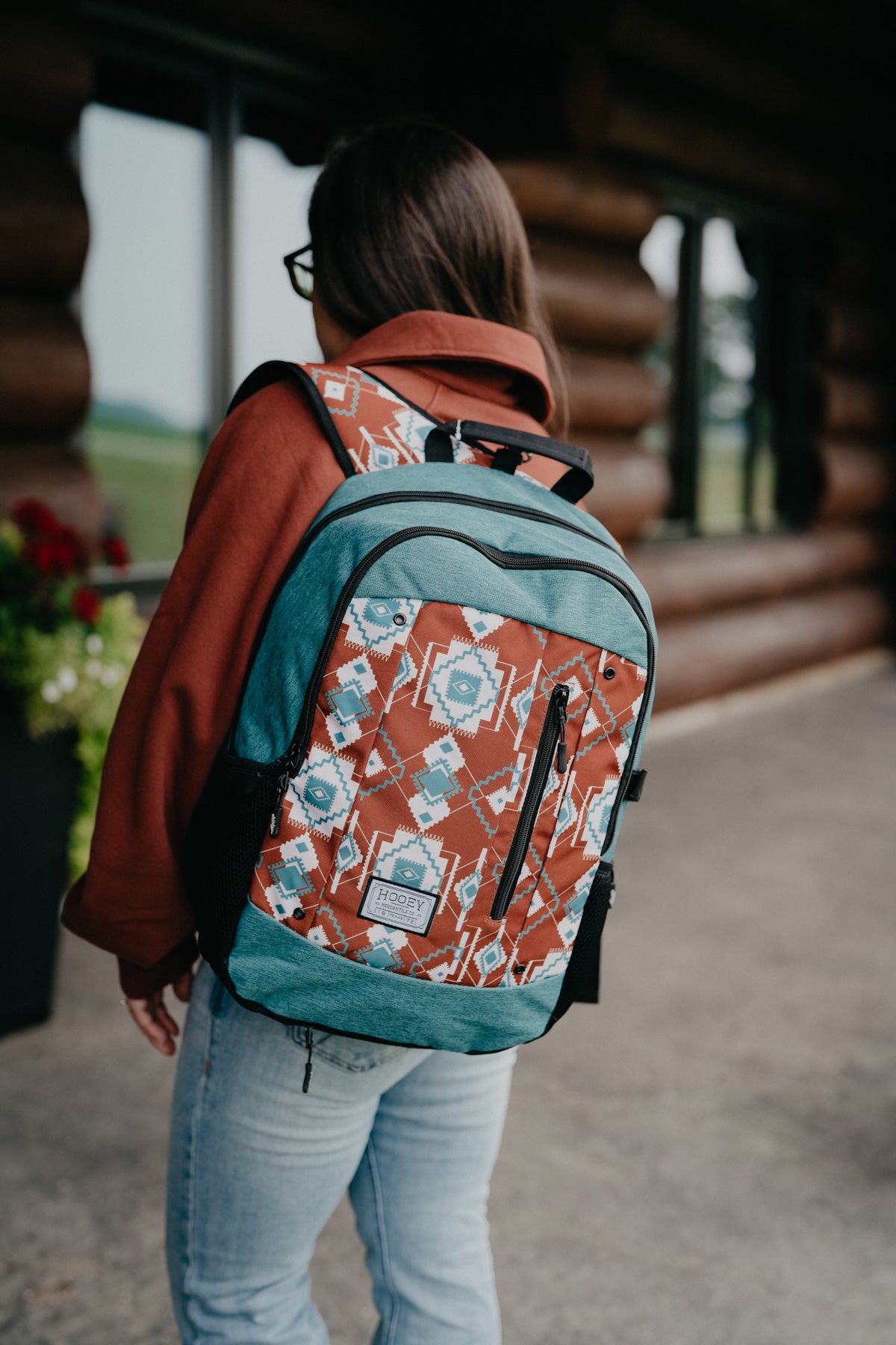 Rockstar Hooey Backpack Rust / Teal Aztec Print with Teal Accents