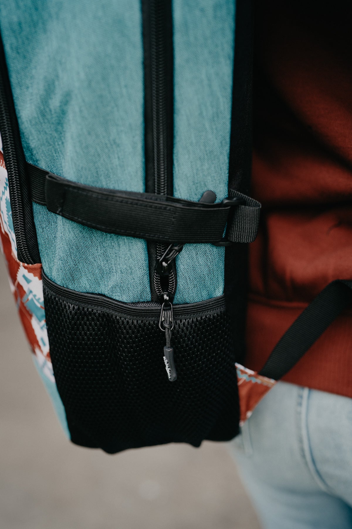 Rockstar Hooey Backpack Rust / Teal Aztec Print with Teal Accents
