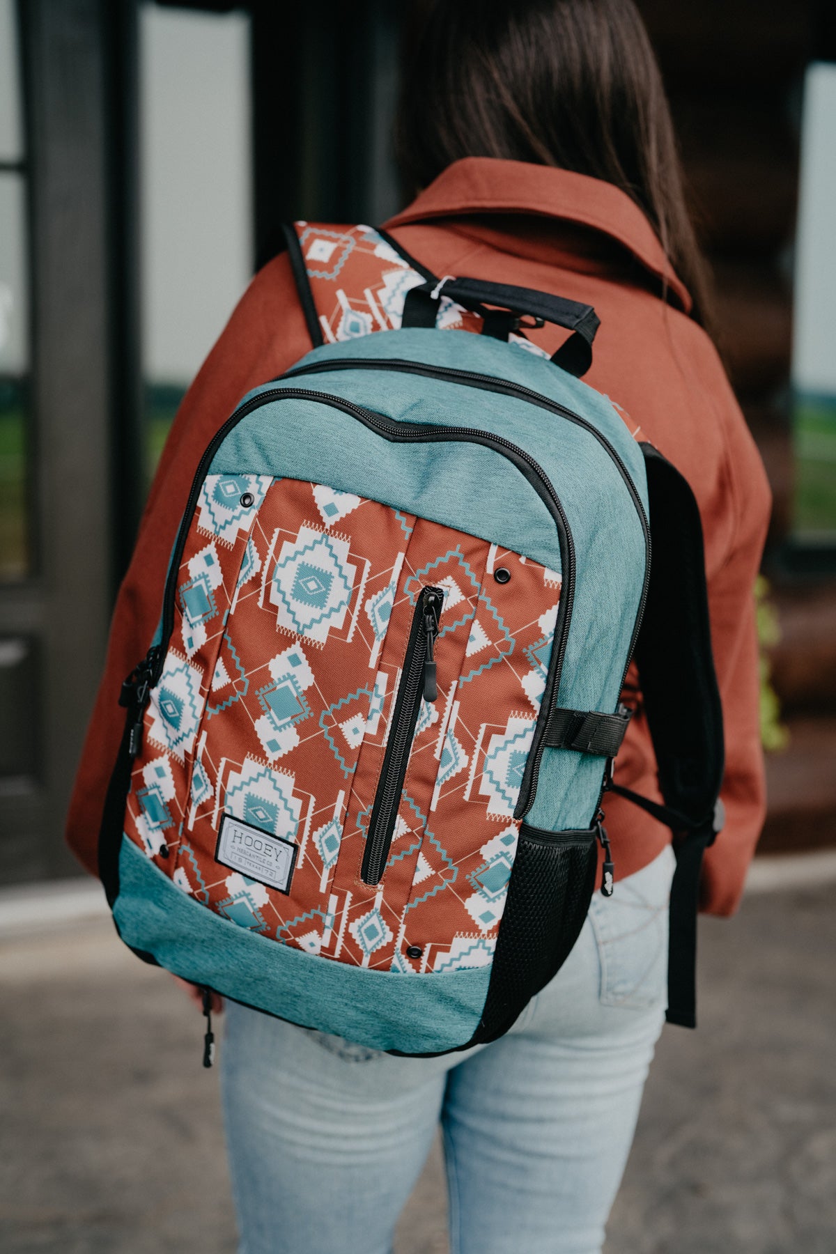 Rockstar Hooey Backpack Rust / Teal Aztec Print with Teal Accents